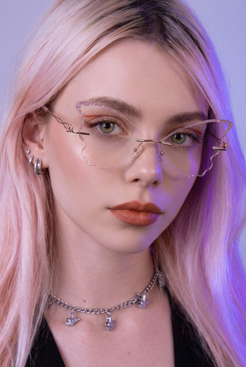 SHIMMERING BUTTERFLY WING RIMLESS STATEMENT EYEWEAR